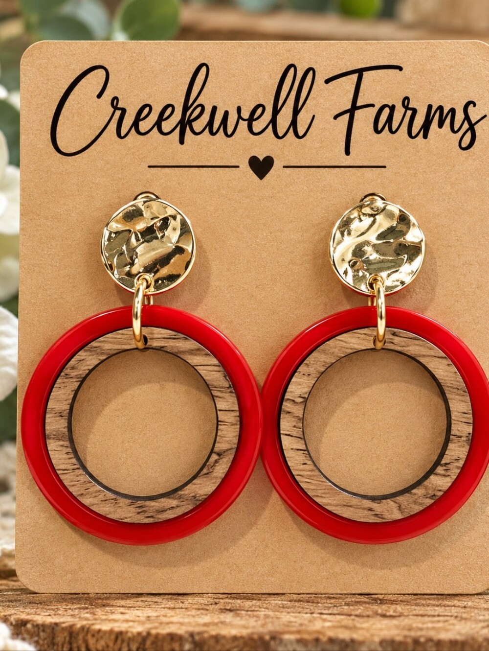 Gold Post Earrings with Red and Gold Double Hoop Design